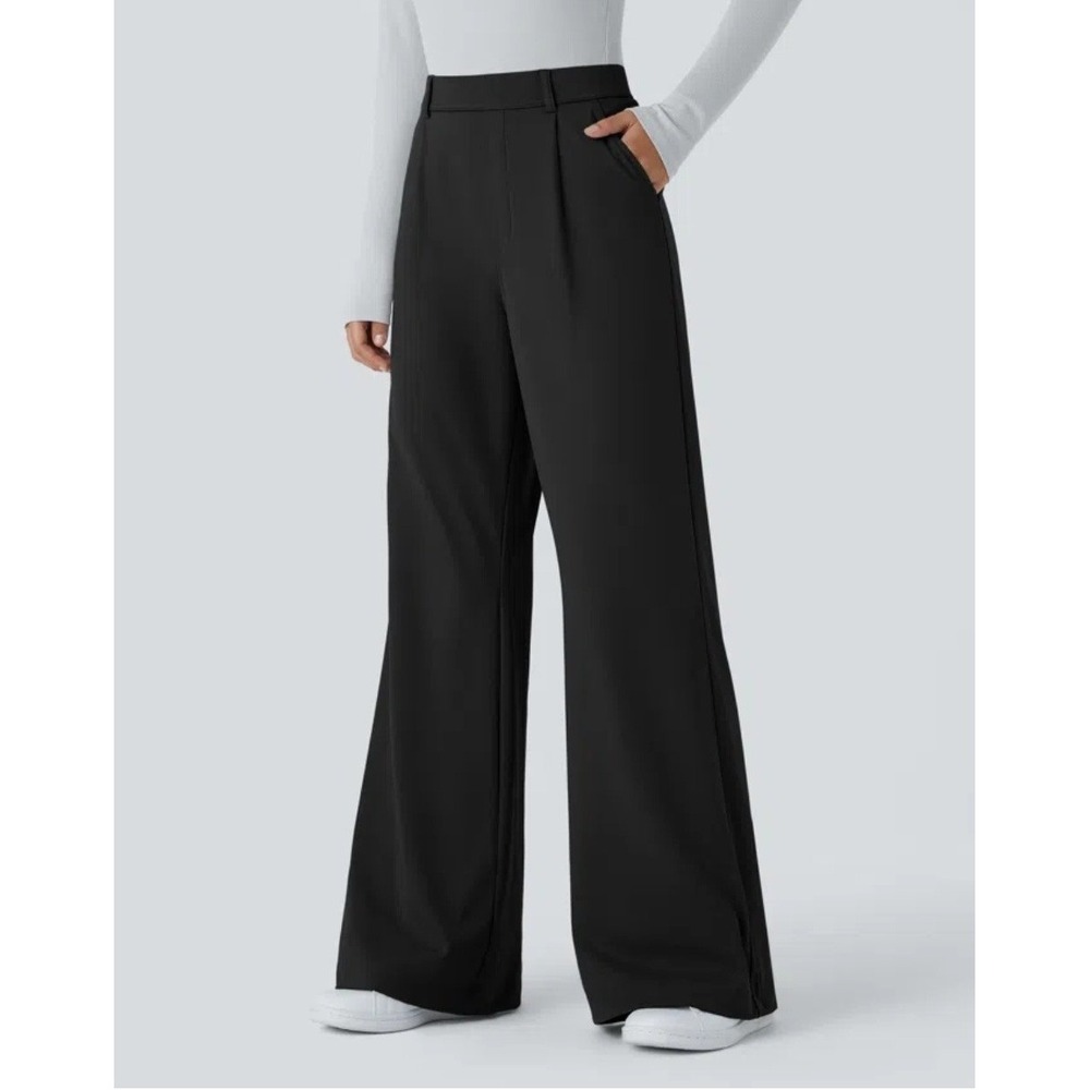 Halara Fex Day Stretch High Waisted Pocket Work Flaire Pants Black Pull On Sz L